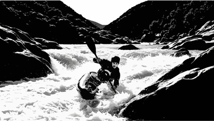 Kayaker navigating whitewater rapids in a rocky gorge, extreme sport adventure