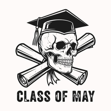 Skull Wearing Graduation Cap with Diplomas.