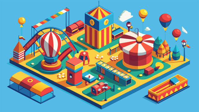 Isometric amusement park map with roller coaster and circus tent.eps