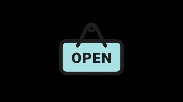 2D Animation of Business Open Hanging Sign, Transparent Background. Flat Line Art Open Icon Animation with Light Blue Fill
