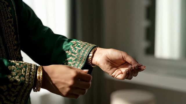 a woman in traditional green embroidered clothing adjusting gold bracelets to represent cultural celebration dressing, ethnic fashion heritage, and holiday ceremony preparation