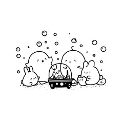 Fototapeta premium Cute Cartoon Rabbits and Monsters Watching TV Together
