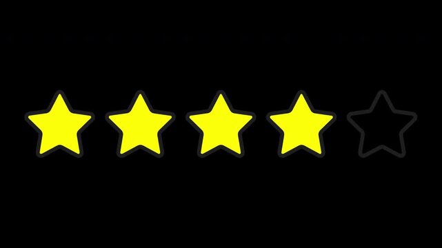 2D Animation of Four Stars Rating for Customer Feedback, Transparent Background. Flat Line Art 4 Stars Animation with Yellow Fill