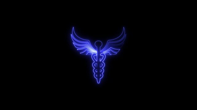 Glowing Blue Rod of Asclepius Medical Symbol with Wings on Black Background caduceus neon sign