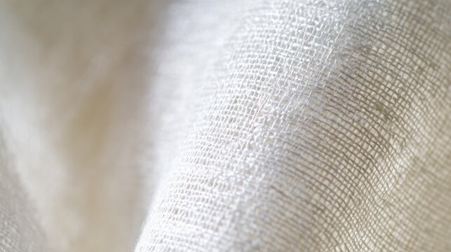 White linen fabric macro, crisp texture, visible slubs and irregularities in the weave, backlit by sun