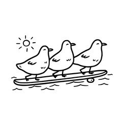 Fototapeta premium Seagulls Riding Skateboard on Water under Sun