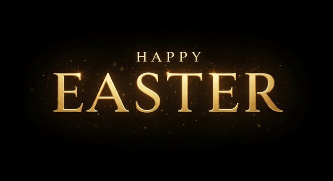 Happy easter text on black background with gold letters and sparkles