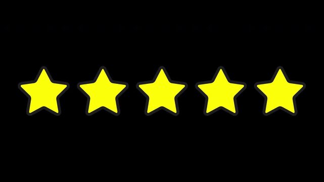 2D Animation of Five Golden Stars for Product Review, Transparent Background. Flat Line Art 5 Stars Animation with Yellow Fill