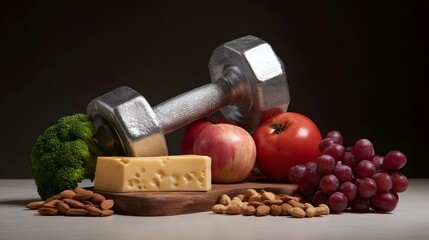 A dumbbell and a balanced assortment of fresh fruits vegetables cheese and nuts symbolizing a healthy lifestyle