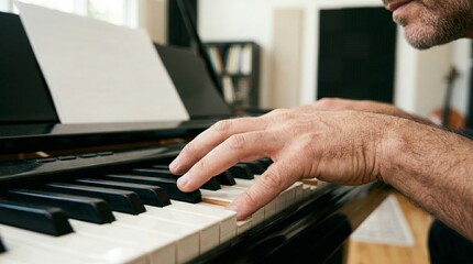 Man playing piano at home, practicing music with sheet music in a bright, focused and creative atmosphere