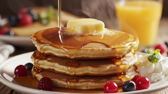 Stack of pancakes with syrup and butter on white plate