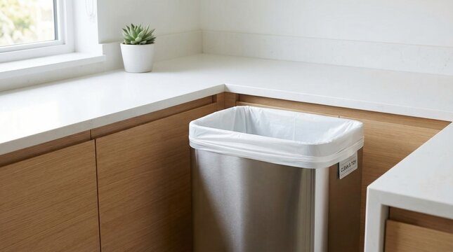 Stainless steel garbage can with white liner in modern kitchen. Clean minimalist interior design promotes organization and hygiene. Ideal for household waste management or office use.