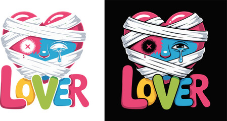 Broken Heart Illustration with Bandages and Crying Eye, Pop Art Streetwear Design, Flat Vector