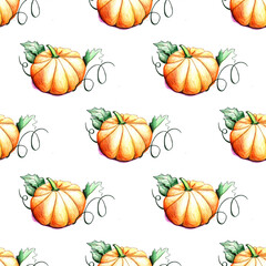 Seamless pattern with watercolor pumpkins, green leaves, and curling vines. Hand-painted orange vegetable illustration, isolated on transparent background, PNG format.