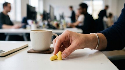 Hand reaching for earplugs on office desk with coffee, colleagues working in background, creating a calm workspace
