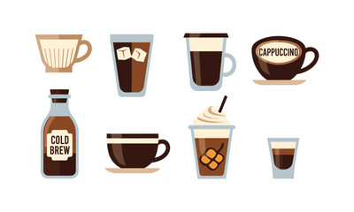 Obraz premium Variety of coffee drinks and brewing methods illustrated in flat design