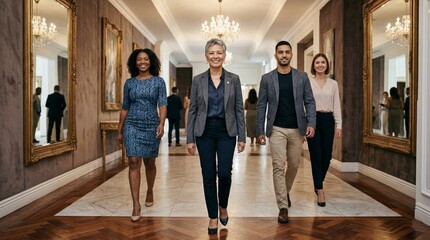 Diverse team confidently walks down ornate hallway, showcasing leadership and professionalism in grand setting