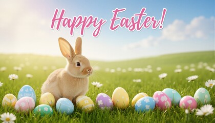 Happy Easter! Easter festival background with bunny and eggs on grass.
