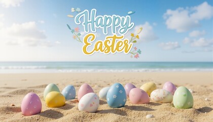 Happy easter lettering background with eggs on the sandy beach
