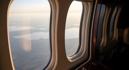 Fototapeta premium View through airplane window at sunset over clouds and water