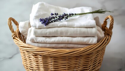 Obraz premium Woven basket filled with neatly folded white linen and lavender sprig, fresh laundry