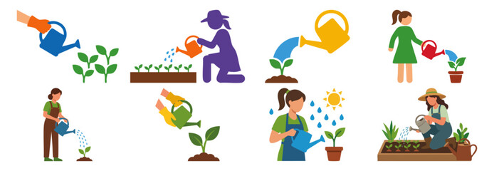 Fototapeta premium GARDENING MOM - Watering can nourishing a sprouting plant Flat Vector Illustration on Transparent Background