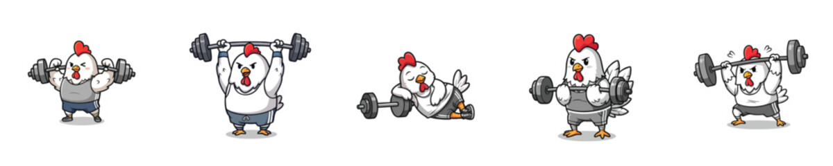 Cute Chicken Weightlifting Mascot Cartoon Vector Gym Fitness Character Set © NineteenVisualStudio