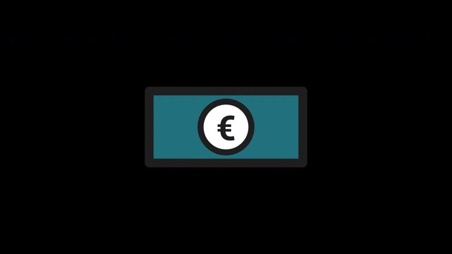 Flat animated banknote icon featuring Euro currency symbol. Minimal outline style with teal fill. Isolated on transparent background with alpha channel. Ideal for finance apps, banking, and payment.