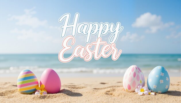 Happy easter lettering background with eggs on the sandy beach
