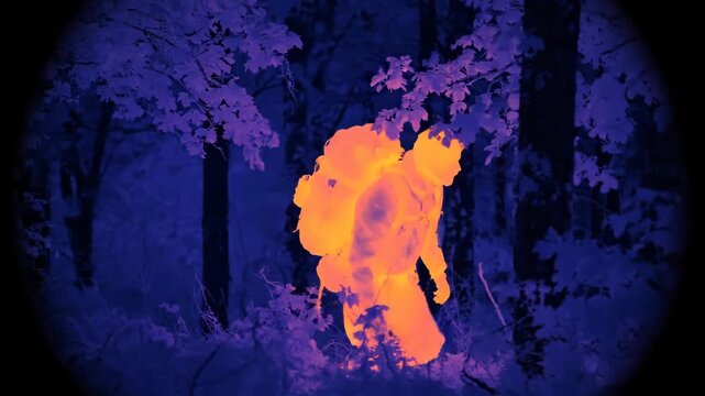 Thermal Imaging of a Hiker in a Forest at Night.