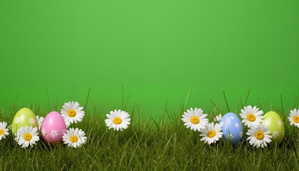 Green background with grass, daisy flowers and Easter eggs
