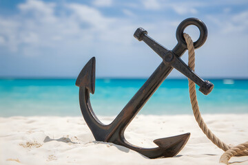 Heavy dark metal ships anchor half buried in white sand beach with rope ship anchor