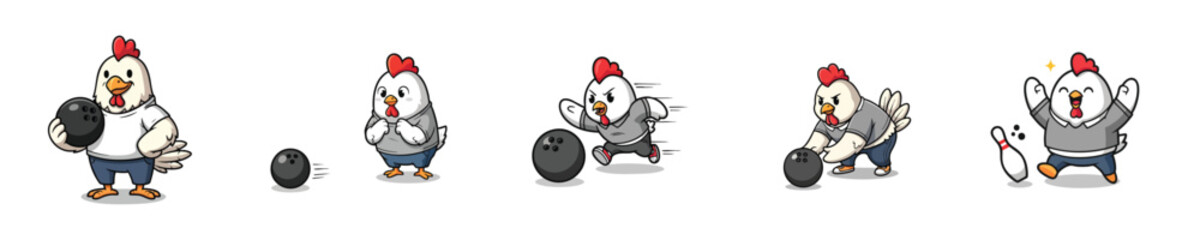 Fototapeta premium Cute Rooster Bowling Player Mascot Cartoon Vector Sport Character Set