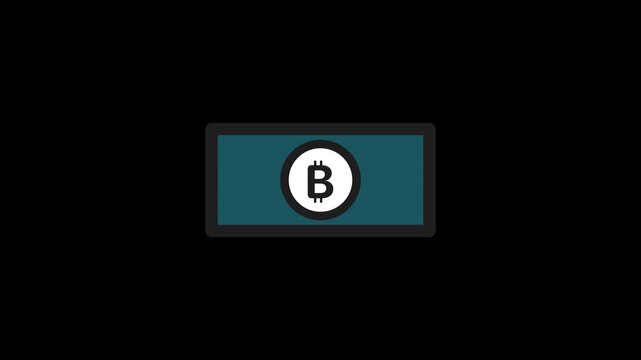 Flat animated banknote icon featuring Bitcoin crypto currency symbol. Minimal outline style with teal fill. Isolated on transparent background with alpha channel