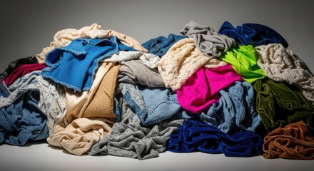 Pile of colorful clothes, a mix of textures and hues.