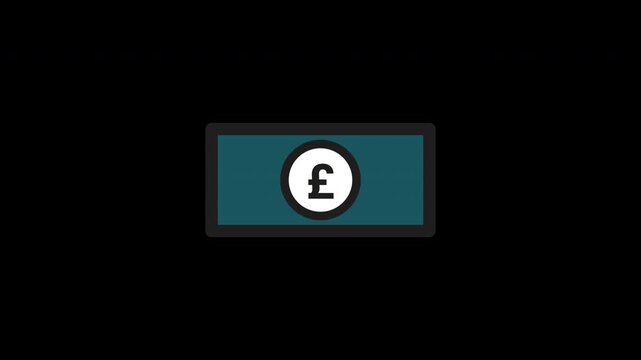 Flat animated banknote British Pound currency symbol. Minimal outline style with teal fill. Isolated on transparent background with alpha channel