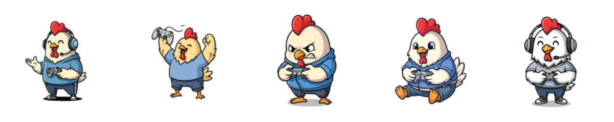 Cute Rooster Gamer Character Cartoon Gaming Vector Mascot Collection