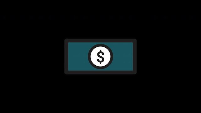 Flat animated banknote icon featuring US dollar currency symbol. Minimal outline style with teal fill. Isolated on transparent background with alpha channel. Ideal for finance, banking, and payment.