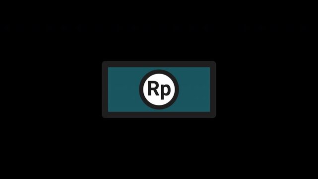 Flat animated banknote icon featuring Indonesian Rupiah currency symbol. Minimal outline style with teal fill. Isolated on transparent background with alpha channel
