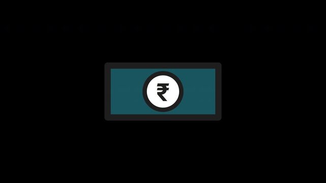 Flat animated banknote icon featuring Indian rupee currency symbol. Minimal outline style with teal fill. Isolated on transparent background with alpha channel. Ideal for finance, banking, and payment