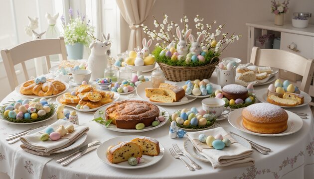 easter table with traditional dishes and cakes
