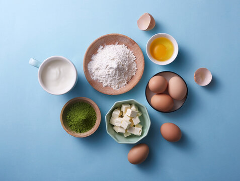 Ingredients and tools for making a butter roll cake are on table
