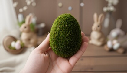 Handmade green mossy Easter egg in woman's hand.
