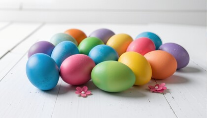  colored easter eggs and  on white wooden background
