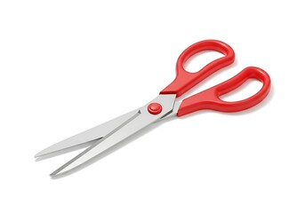 A pair of red handled scissors on a white background