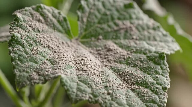Closeup macro shot of a cucumber leaf affected by powdery mildew showing the white fungal growth and damage on the plants surface in a garden setting.