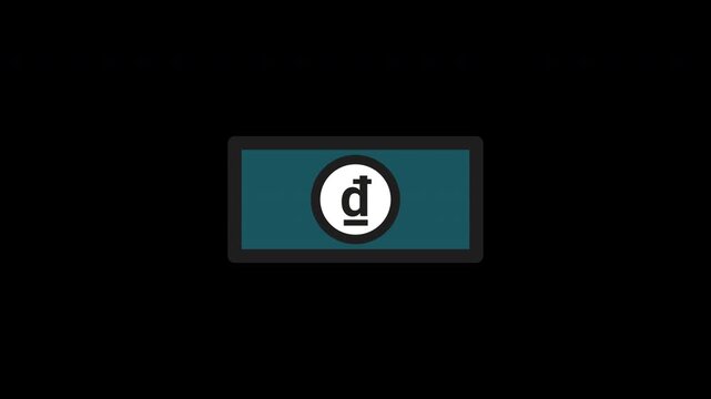 Flat animated banknote icon featuring Vietnamese Dong currency symbol. Minimal outline style with teal fill. Isolated on transparent background with alpha channel