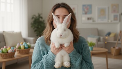 Woman holding Easter bunny in front of face at home
