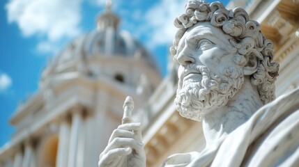 Obraz premium Close up of marble statue with curly hair/beard, holding staff, against blurred domed building under blue sky. Sunlight highlights stone texture. architectural.