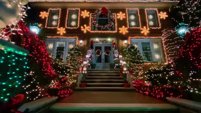 Residential house facade heavily decorated with Christmas lights and nutcrackers. Brick house exterior with symmetrical holiday lighting, wreaths, snowflakes and nutcracker statues.